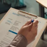 Tangan memegang kwitansi pembayaran di atas clipboard dengan pena di sampingnya